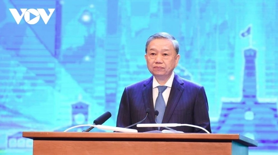 Party General Secretary To Lam speaks at the P4G Summit in Hanoi on April 16.