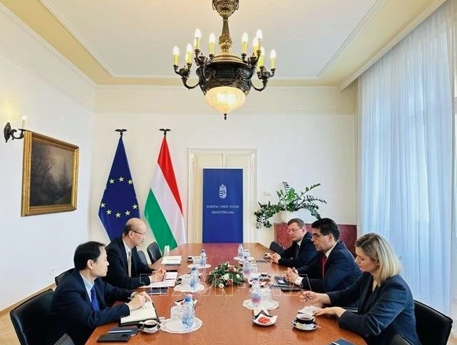Vietnamese Ambassador to Hungary Bui Le Thai has a meeting with Barna Pal Zsigmond, Deputy Minister and Parliamentary State Secretary at the Ministry of European Union Affairs of Hungary. (Photo: VNA)