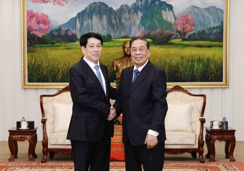 State President Luong Cuong (L) meets former Party General Secretary and President of Laos Choummaly Sayasone. (Photo: VNA)