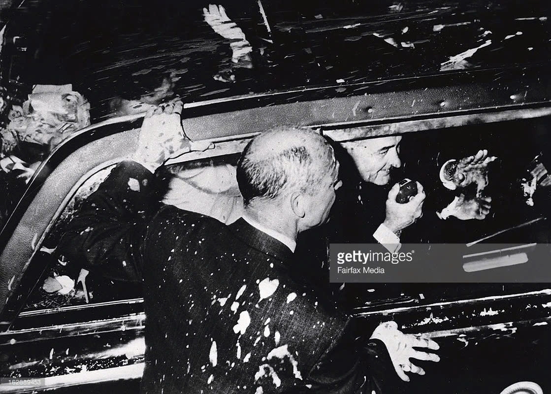 Anti-war protesters opposing the Vietnam War threw paint at US President Lyndon B. Johnson’s car during his visit to Australia in October 1966. (Photo: Getty)