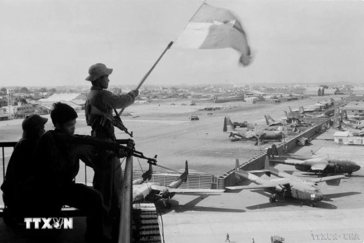 The liberation flag flies at Tan Son Nhat Airport on April 30, 1975