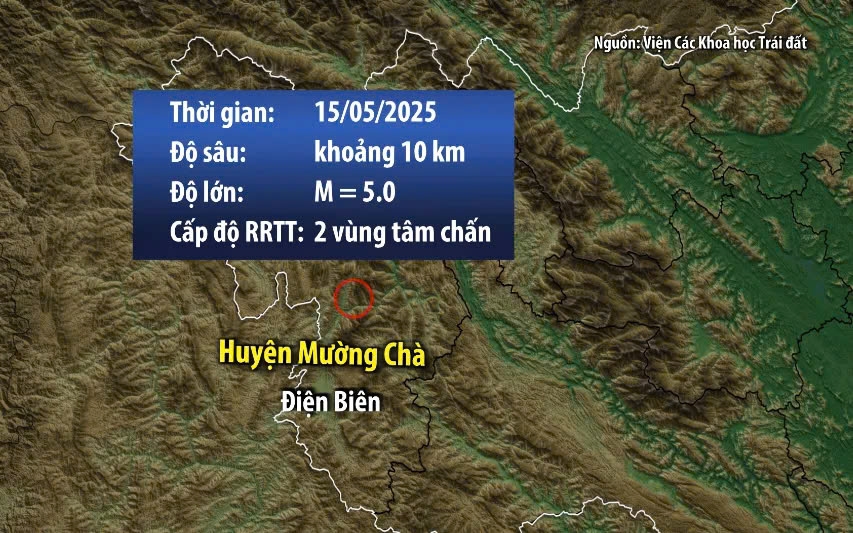 A 5.0 magnitude earthquake jolts Muong Cha district, Dien Bien province at a depth of approximately 10km, at 11:17:21 AM on May 16. (Photo: Institute of Geophysics)