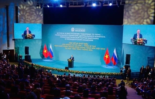 Party General Secretary To Lam delivers a speech at the Russian Presidential Academy of National Economy and Public Administration (RANEPA) in Moscow on May 10. (Photo: VNA)
