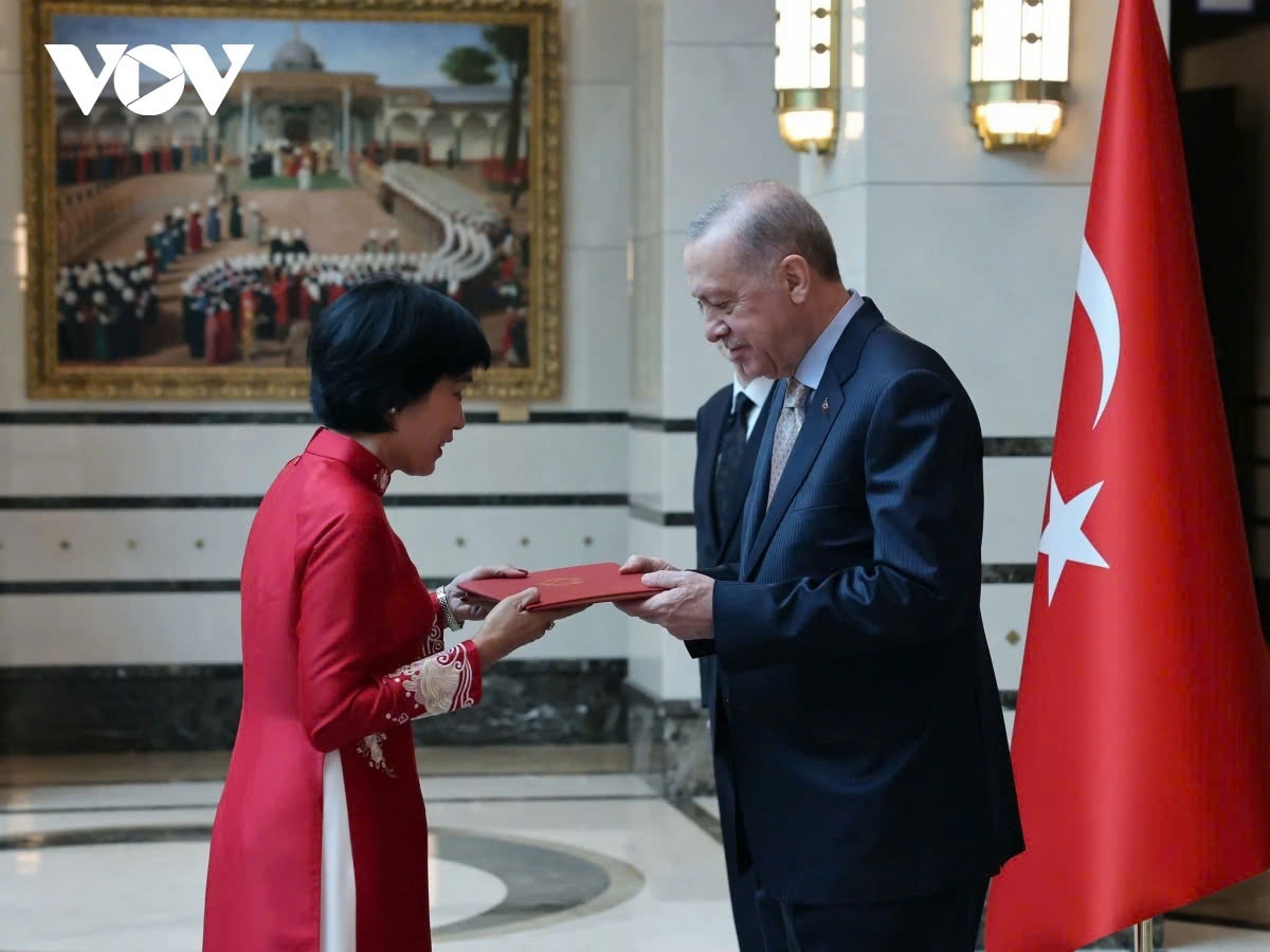 Vietnamese Ambassador Dang Thi Thu Ha (L) presents the credentials to Turkish President Recep Tayyip Erdogan in Ankara on May 1