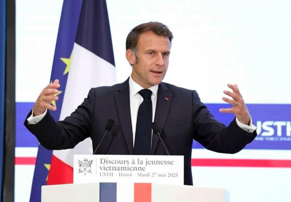 French President Emmanuel Macron talks to Vietnamese students and young intellectuals at the University of Science and Technology of Hanoi (USTH) on May 27.