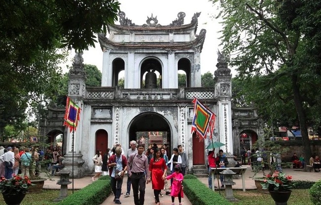 Visitors at the Temple of Literature in Hanoi