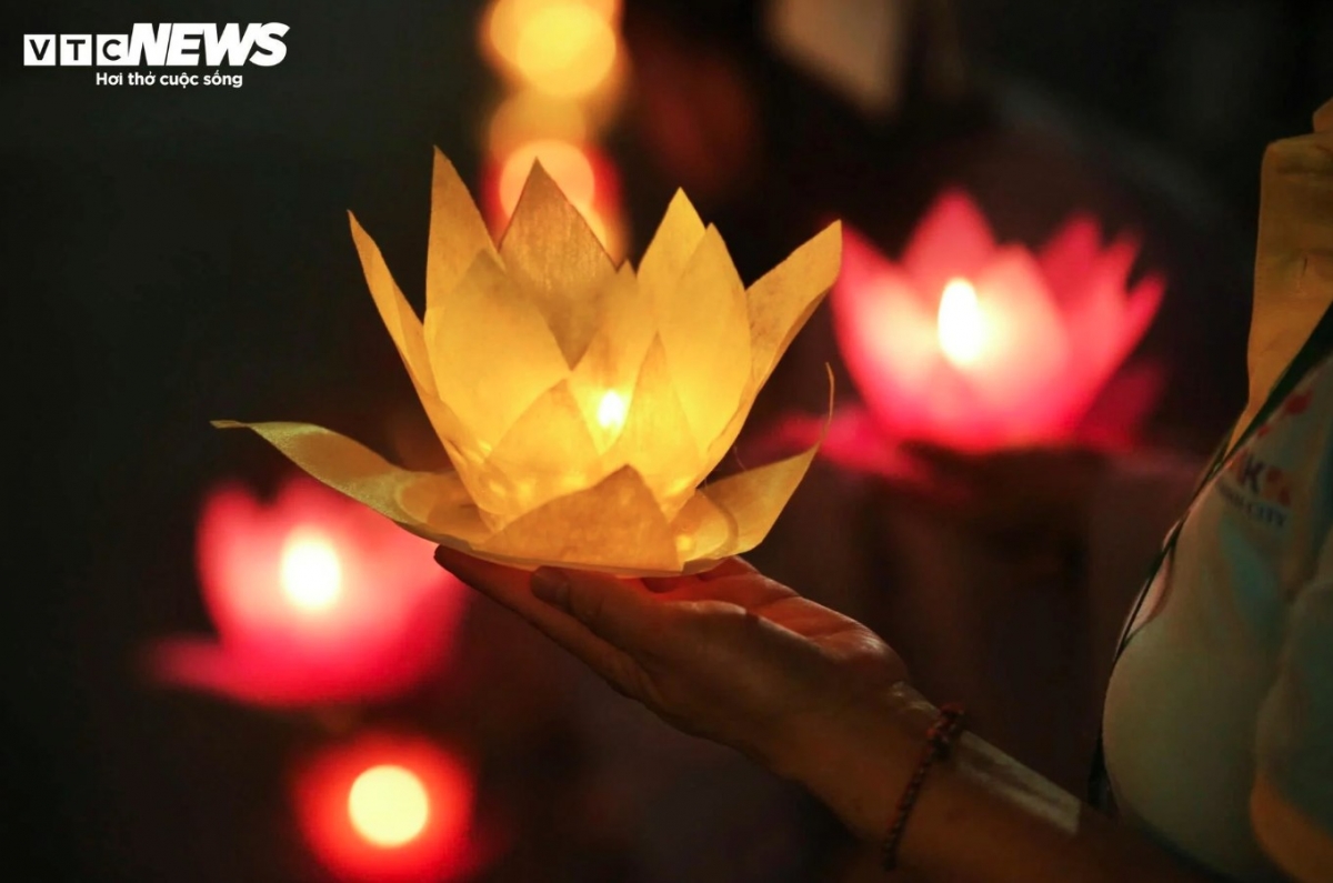 The lanterns' glow creates a mystical yet solemn atmosphere, capturing the spirit of the UN Day of Vesak 2025.