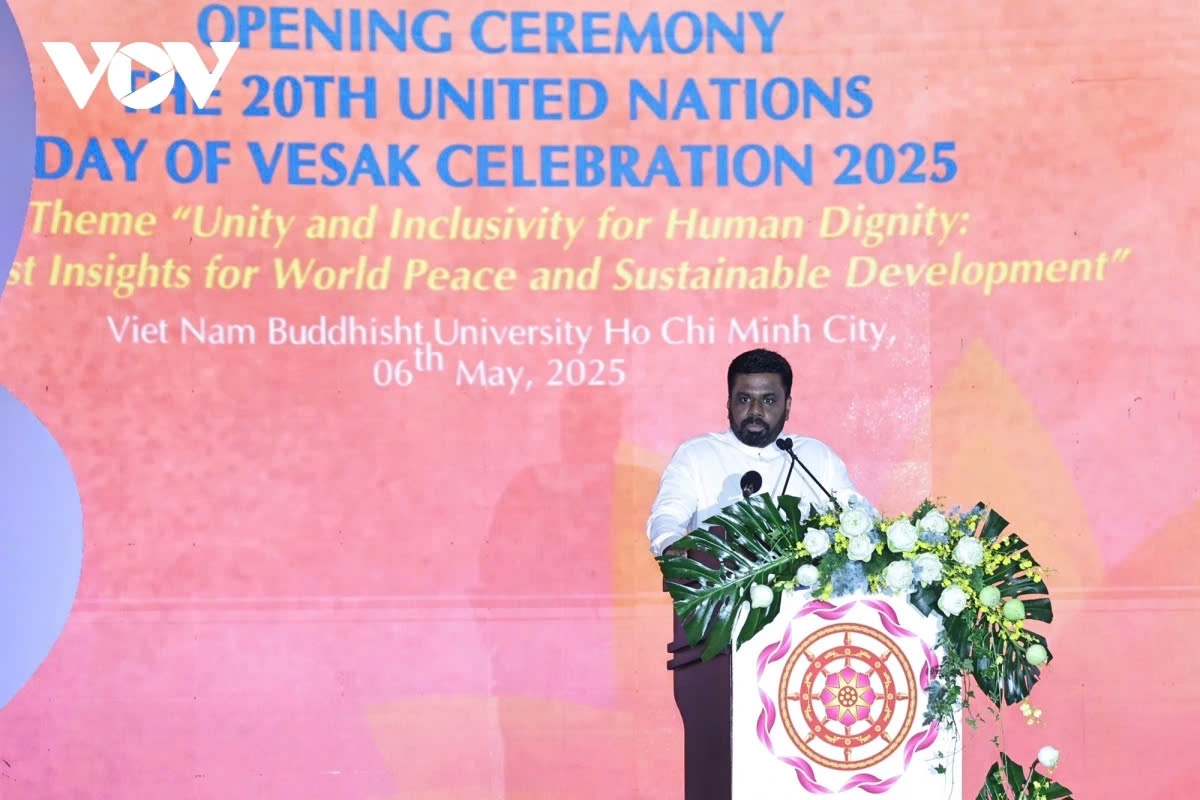 President Anura Kumara Dissanayaka of Sri Lanka delivers a speech at the UN Day of Vesak 2025 in ho Chi Minh City on May 6