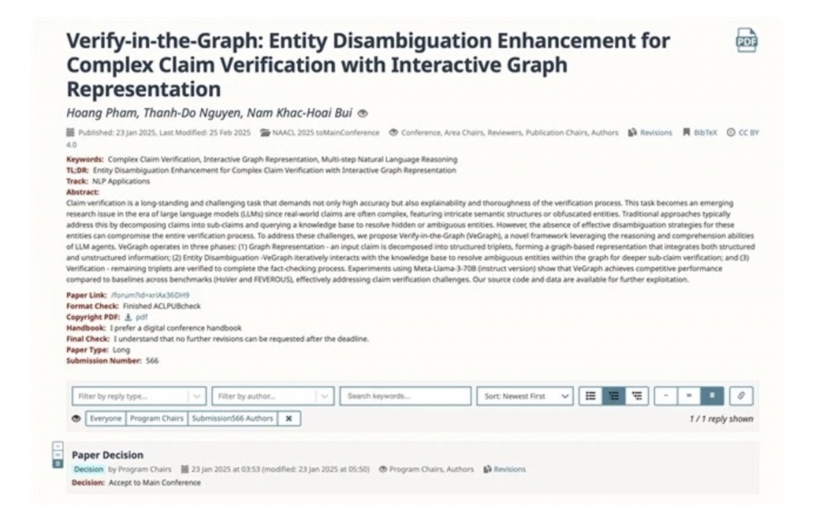 Viettel AI's Verify-in-the-Graph at the NAACL 2025 conference held in the US. ( Photo: Viettel)