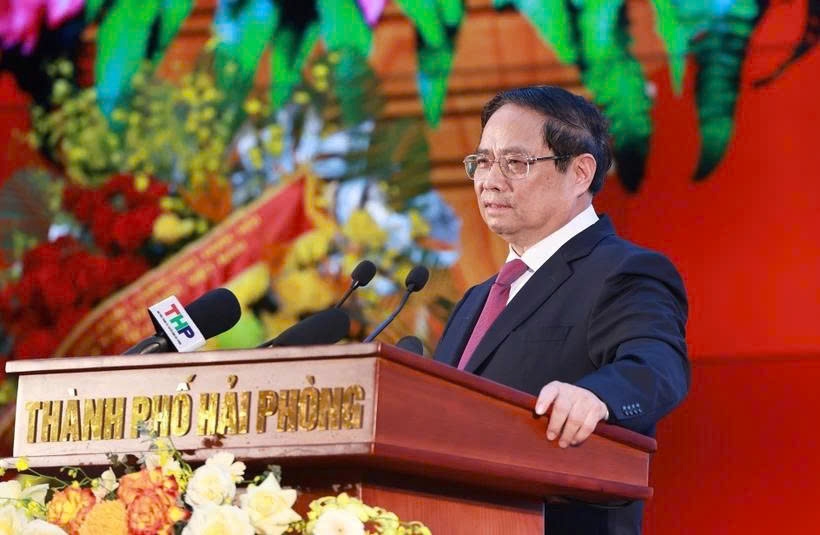 Prime Minister Pham Minh Chinh addresses the ceremony in Hai Phong city on June 30.