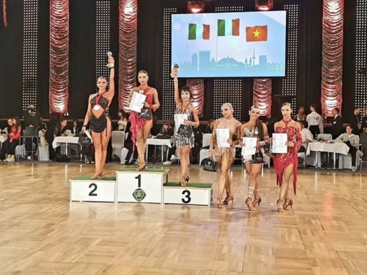 Nguyen Trong Nha Uyen (third from left) on the podium at the WDSF World Championship 2025. (Photo courtesy of Hoang Thu Trang)