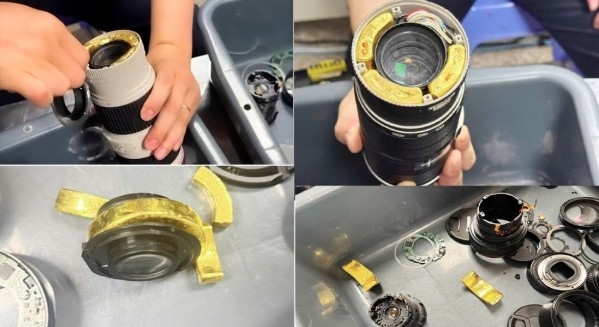 12 yellow metal pieces, suspected to be gold, are concealed inside four camera lenses (Photo: congluan.vn)