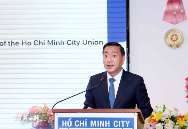 Pham Thanh Kien, Chairman of the Vietnam–US Friendship Association speaks at the gathering. (Photo: VNA)