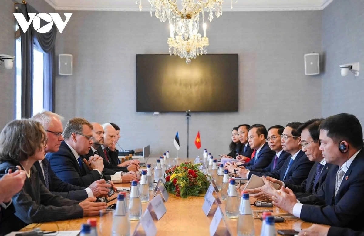 Vietnamese Prime Minister Pham Minh Chinh and Estonian Parliament Speaker Lauri Hussar exchange views on cooperation between the two countries and parliaments during their meeting in Tallinn on June 5