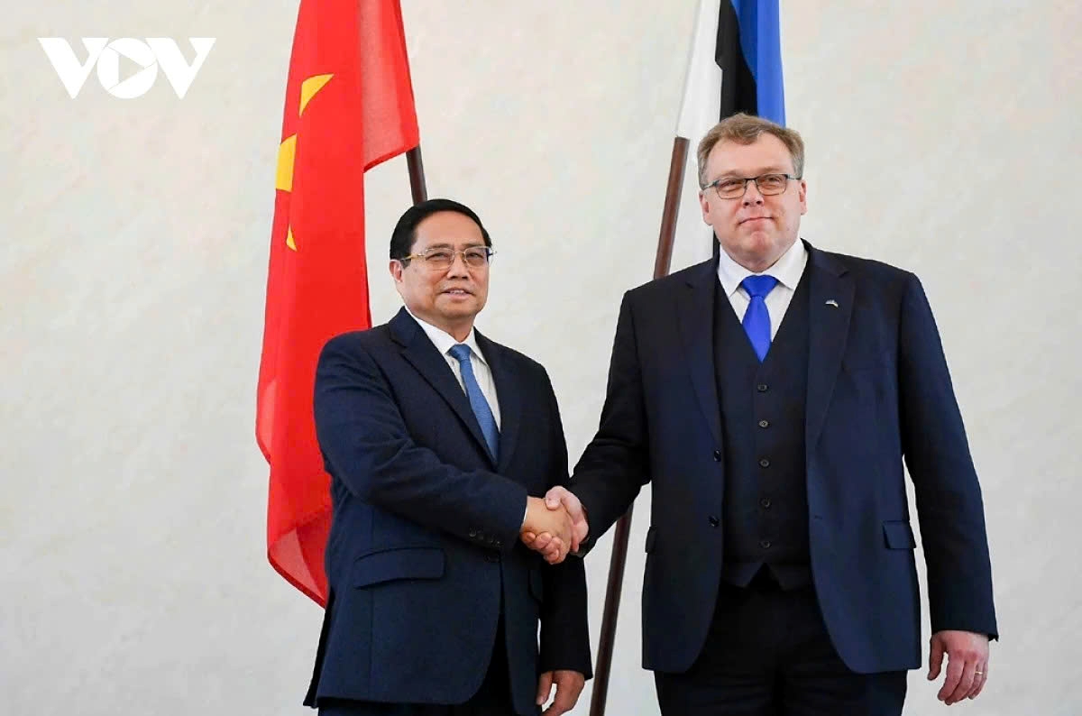 Vietnamese Prime Minister Pham Minh Chinh (L) and Estonian Parliament Speaker Lauri Hussar during their meeting in Tallinn on June 5