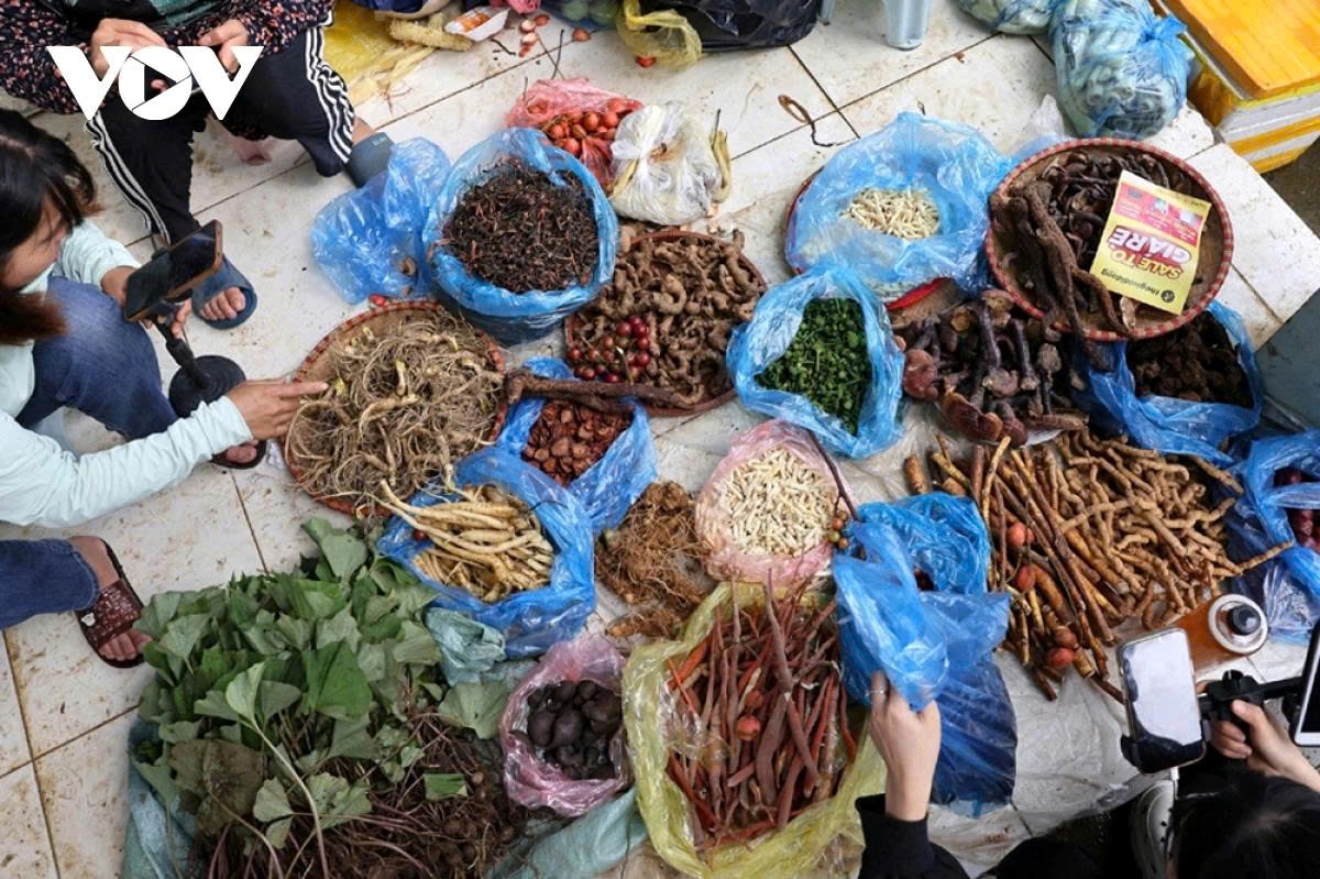 At the San Thang highland market, every Thursday and Sunday, people gather from early morning to display and sell their local goods such as pseudoginseng, angelica, and black cardamom.