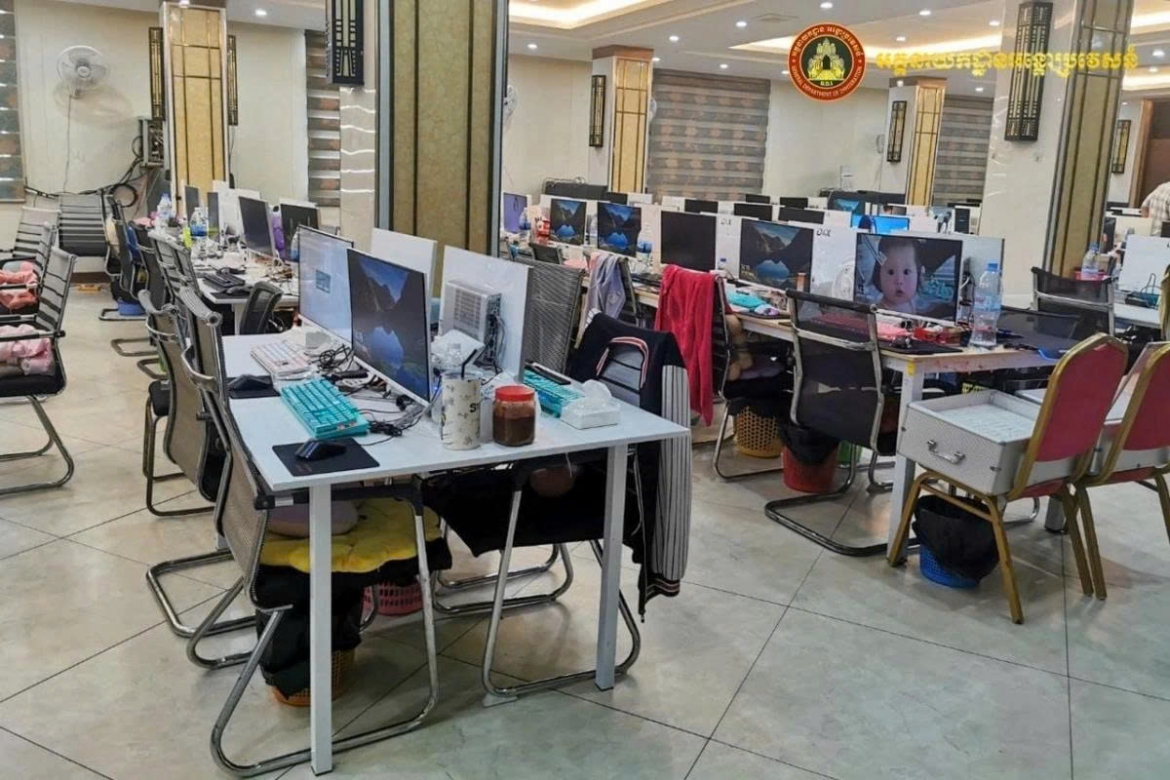A site involved in online fraud was discovered and raided by Cambodian authorities in 2024. (Photo: Cambodian General Department of Immigration)