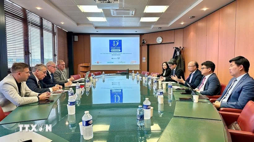 Ambassador Dinh Toan Thang holds a working sessions with the leadership of the Normandie Chamber of Commerce and Industry - CCI Normandie. (Photo: VNA)