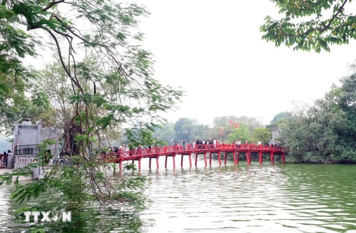 The Huc Bridge spanning Hoan Kiem Lake, an icon of Hanoi