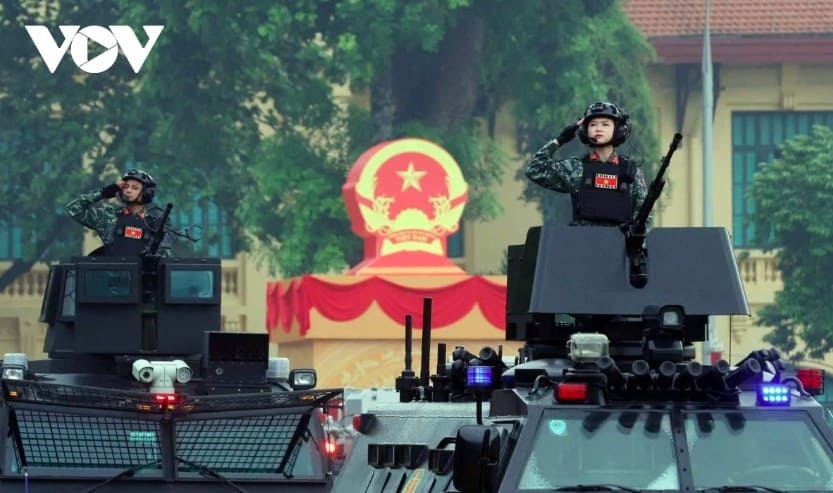 Following the end of the ceremony, all relevant units and vehicles move in unison across the stage, reinforcing public confidence in the People's Public Security force’s role in safeguarding the Party, the State, and the people.