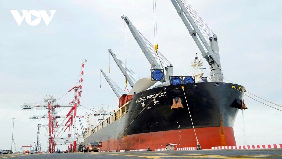 A large vessel docks for goods loading at a port in Vietnam