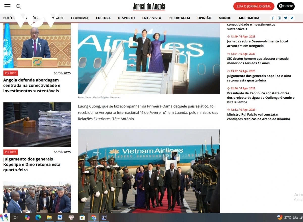 Vietnamese President Luong Cuong's State visit to Angola grabs Angolan headlines