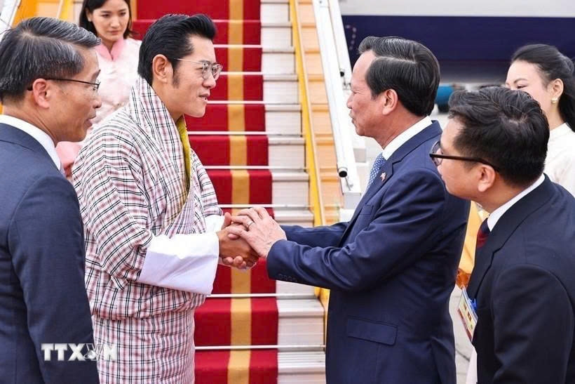 Minister of Ethnic and Religious Affairs Dao Ngoc Dung welcomes the Bhutanese King and Queen at Noi Bai International Airport, Hanoi, on August 18. (Photo: VNA)