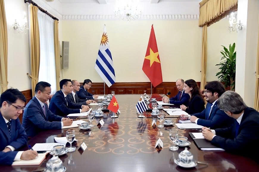Vietnamese Deputy Minister of Foreign Affairs Dang Hoang Giang and his Uruguayan counterpart Valeria Csusaki Cabrera co-chair the 5th Political Consultation between the two Ministries of Foreign Affairs in Hanoi. (Photo: MOFA)