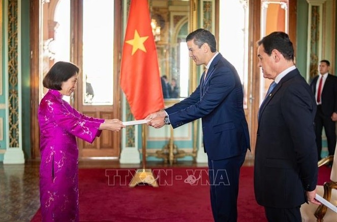 Vietnamese Ambassador Ngo Minh Nguyet presents the Letter of Credence from President Luong Cuong to Paraguayan President Santiago Peña Palacios (Photo: Vietnamese Embassy)