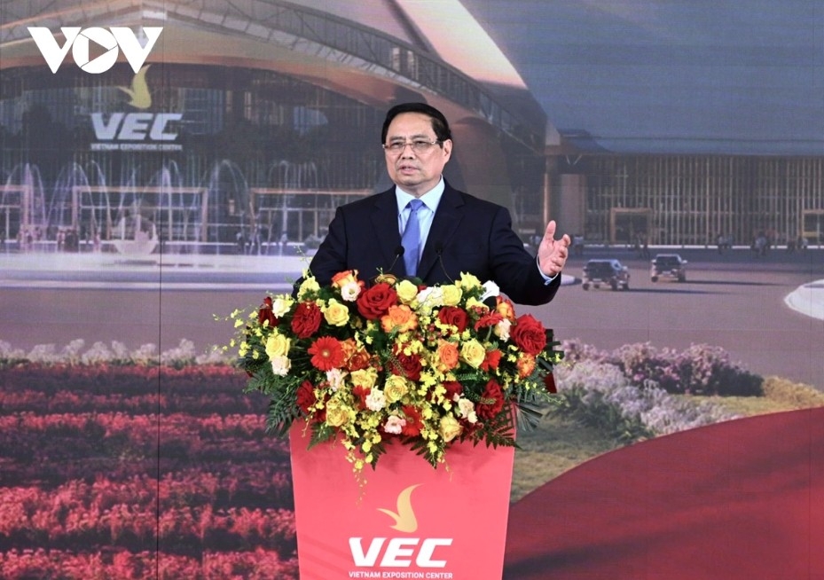 Prime Minister Pham Minh Chinh delivers a speech at inauguration of National Exhibition and Fair Center