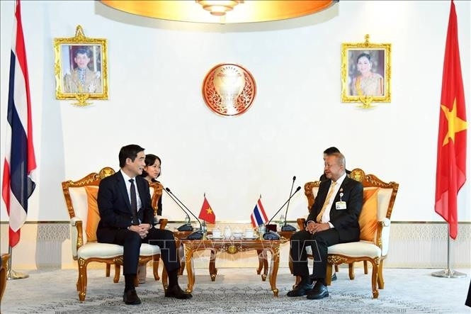 Vietnamese Ambassador to Thailand Pham Viet Hung (L) and President of the Thai Senate Mongkol Surasajja at their meeting in Bangkok on August 21 (Photo: VNA)