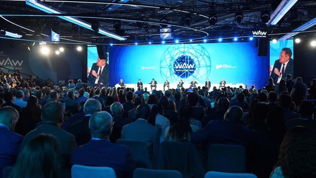 Delegates at a panel discussion at World Atomic Week 2025 in Moscow, Russia