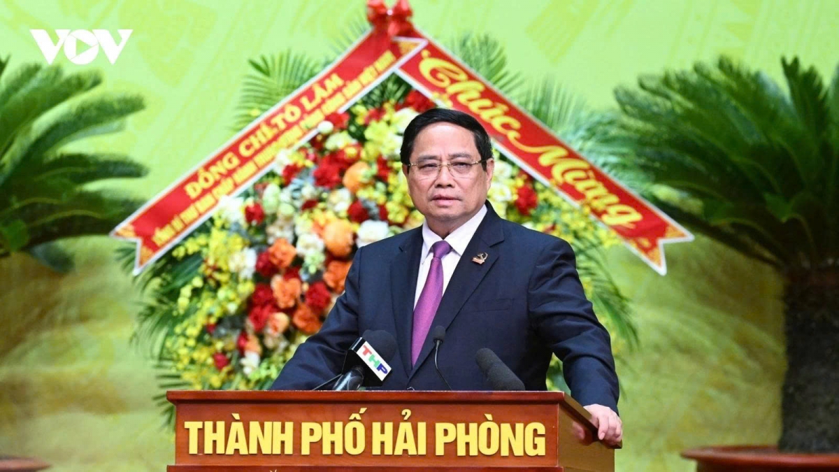 Prime Minister Pham Minh Chinh speaks at the first Congress of the Hai Phong municipal Party Committee on September 27