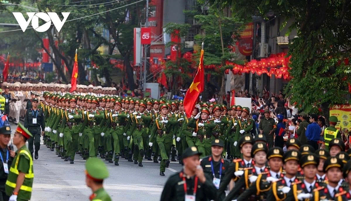 Officers of the Public Security force join the military parade and civic march during the grand celebration marking Vietnam's 80th National Day in Hanoi on September 2, 2025