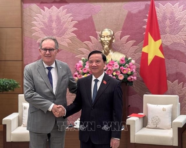 Vice Chairman of the National Assembly (NA) Nguyen Khac Dinh (R) and Senator Alain Cadec, Chairman of the France–Vietnam Friendship Parliamentarians’ Group of the French Senate. (Photo: VNA)