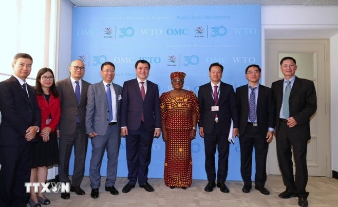 The Vietnamese delegation and WTO Director-General Ngozi Okonjo-Iweala (Photo: VNA)