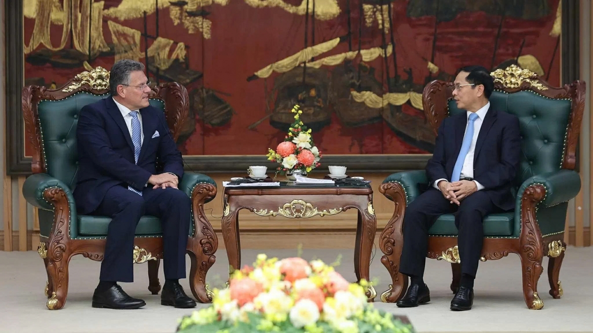 Deputy Prime Minister Bui Thanh Son (R) and EU Commissioner for Trade and Economic Security Maros Sefcovic, during their meeting in Hanoi on September 26