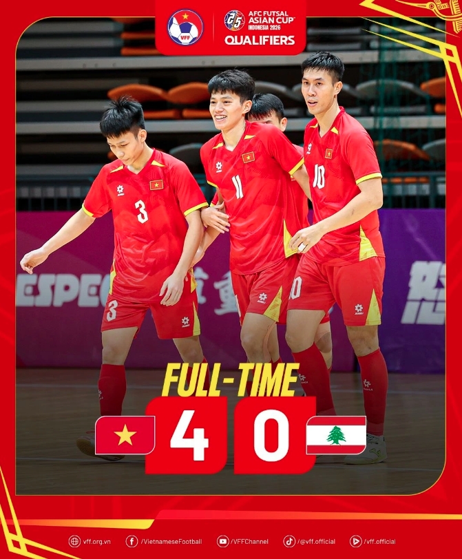 Vietnam trounce Lebanon 4-0 in their last group match of the 2026 AFC Futsal Asian Cup qualifiers. (Photo: VFF)