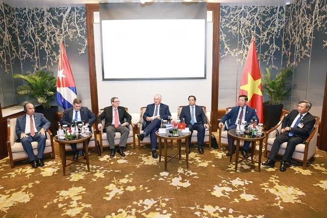 First Secretary of the Communist Party of Cuba (CPC) Central Committee and President of Cuba Miguel Díaz-Canel Bermúdez and Prime Minister Pham Minh Chinh in a meeting with Vietnamese businesses to boost bilateral trade and investment collaboration, as part of his state visit to Vietnam. — VNA/VNS Photo