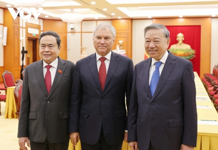 Party General Secretary  To Lam, NA Chairman Tran Thanh Man and Russian Duma Chairman Vyacheslav Volodin