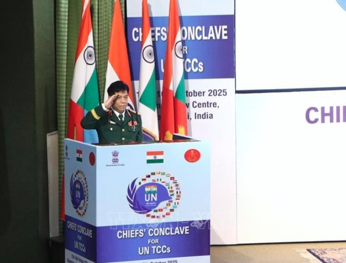 Sen. Lt. Gen. Nguyen Van Nghia, Deputy Chief of the General Staff of the Vietnam People’s Army speaks at the UN Troop Contributing Countries’ (UNTCC) Chiefs Conclave 2025 in India. (Photo: VNA)