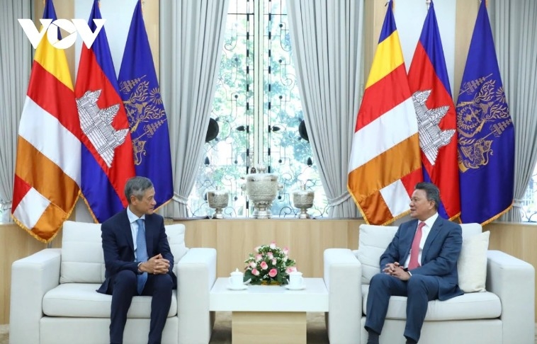 Vietnamese Ambassador to Cambodia Nguyen Minh Vu and Deputy Prime Minister Sun Chanthol at the working session