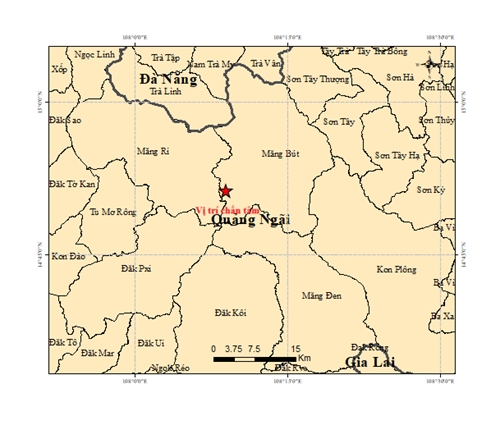 A map shows the location of the epicenter (red star) of the magnitude-4.2 earthquake striking Mang But commune (Photo: Institute of Earth Sciences)