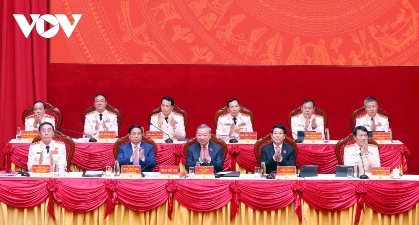Party General Secretary To Lam, President Luong Cuong, and Prime Minister Pham Minh Chinh join the Presidium to chair the congress.