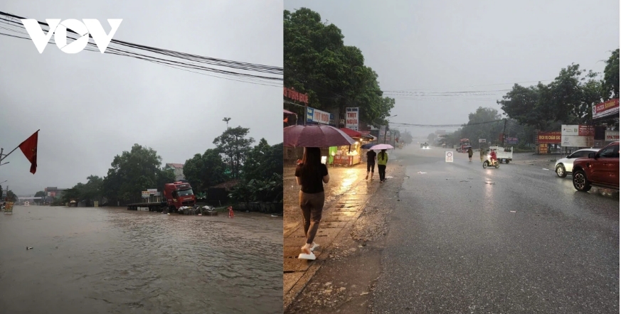 Authorities have blocked the Bo Dau flooding hotspot on National Highway 3, which connects Thai Nguyen to Bac Kan Ward and Cho Moi, due to dangerous water levels and safety concerns.