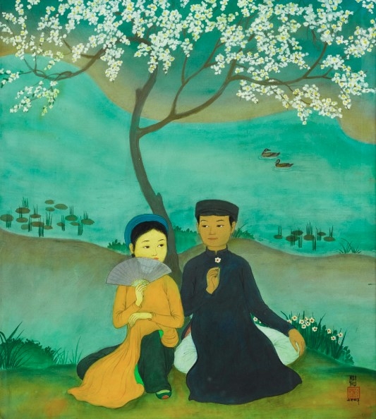 A silk painting “Couple avec éventail sous un cerisier en fleur” (Couple with a Fan Under a Cherry Tree in Bloom) by celebrated Vietnamese artist Mai Trung Thu (1906–1980)