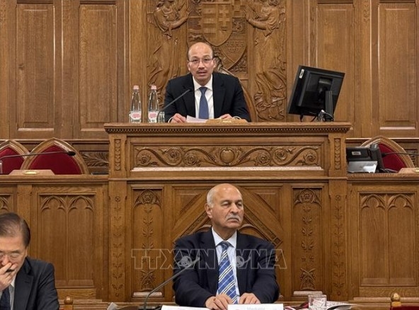 Ambassador Bui Le Thai (front row) speaks at the sixth Asia–Europe Political Forum in Hungary. (Photo: VNA)