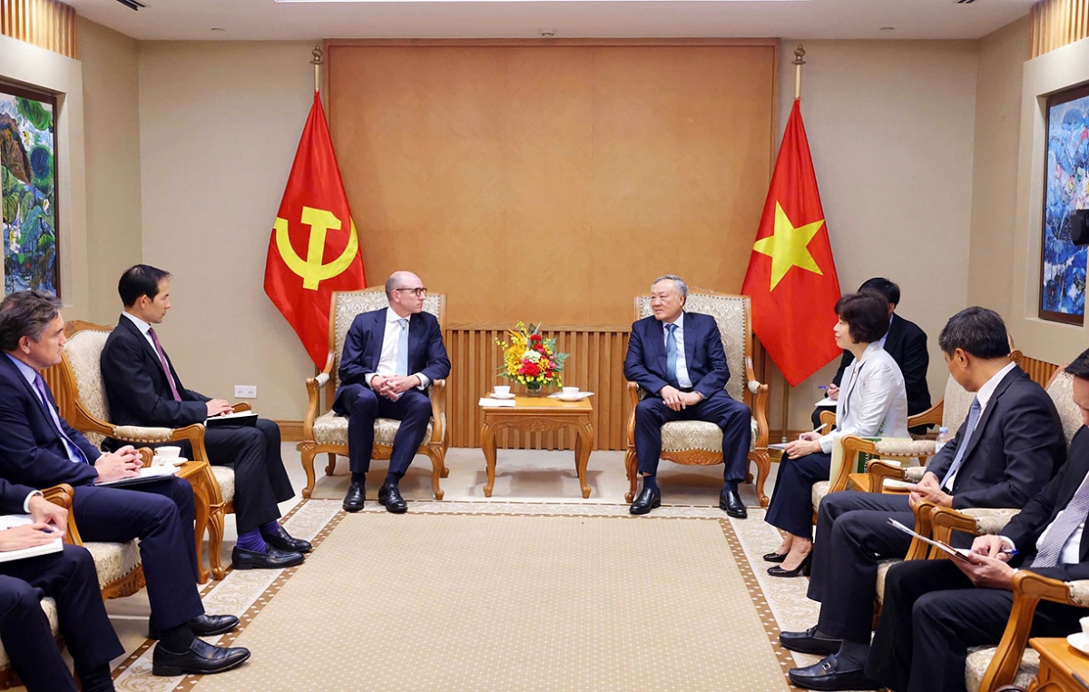Deputy Prime Minister Nguyen Hoa Binh (R) receives Richard Sell, CEO of Haeco, a member of Swire Group, in Hanoi on November 17. (Photo: VGP)