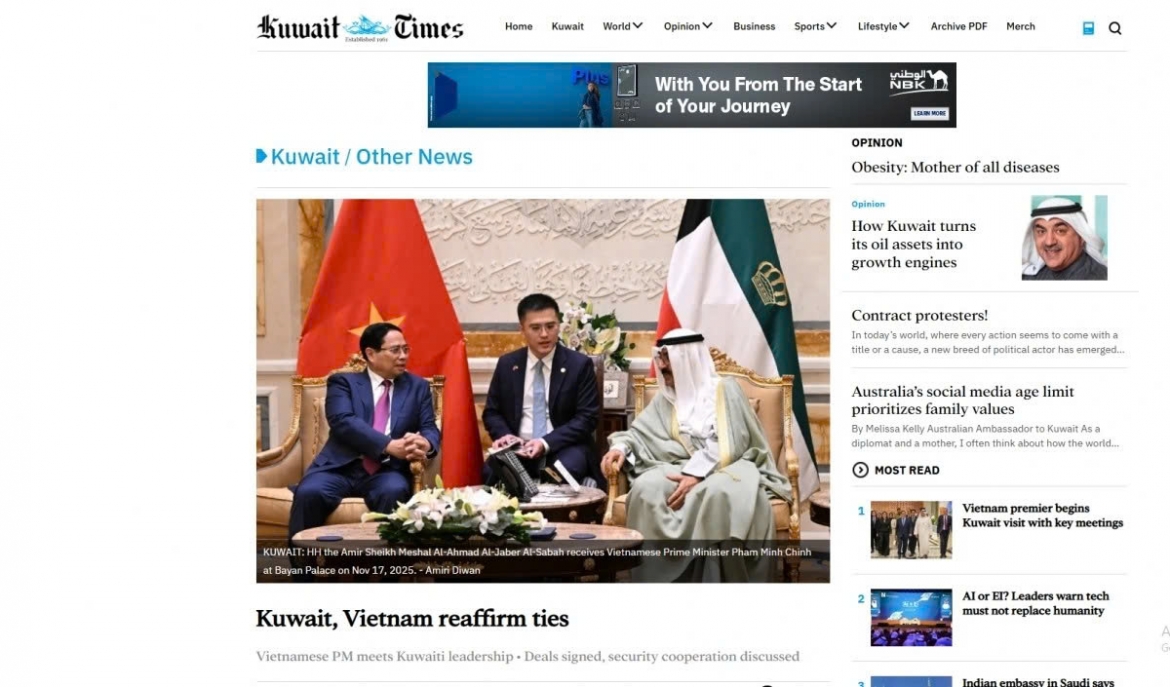 Kuwait Times spotlights November 17 talks between Prime Minister Pham Minh Chinh of Vietnam and Prime Minister Sheikh Ahmed Al-Abdullah of Kuwait