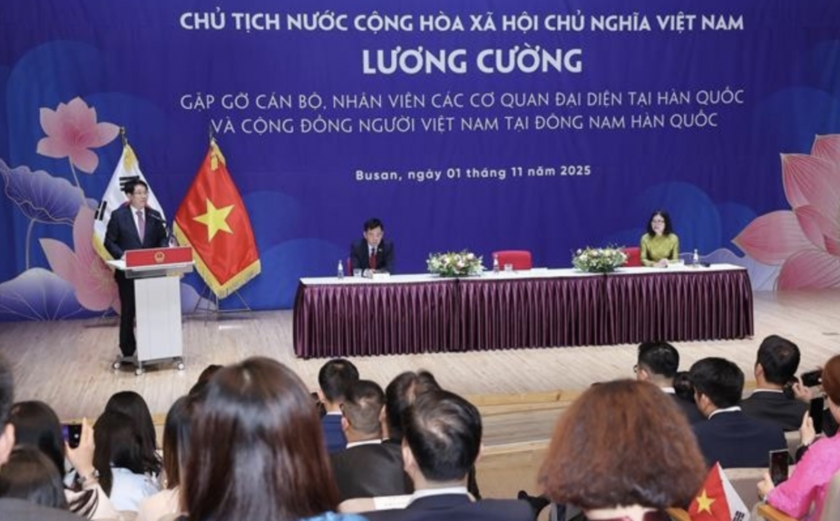 State President Luong Cuong speaks at the meeting with representatives of Vietnamese agencies and community in the southeastern region of the Republic of Korea (RoK) on November 1. (Photo: VNA)